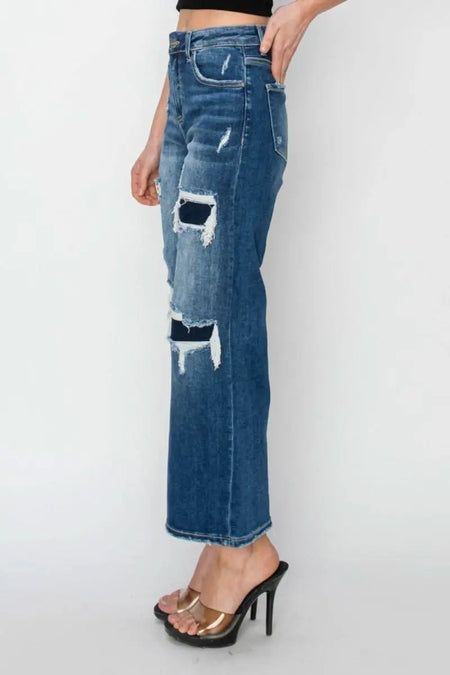 Risen Full Size High Rise Patch Detailed Wide Leg Crop Jeans - Sleekdenim.com