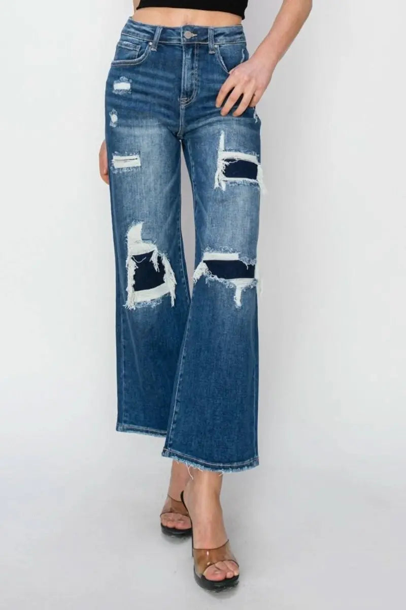 Risen Full Size High Rise Patch Detailed Wide Leg Crop Jeans - Sleekdenim.com