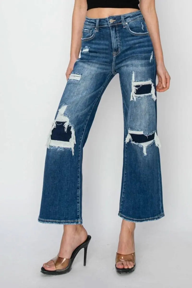 Risen Full Size High Rise Patch Detailed Wide Leg Crop Jeans - Sleekdenim.com