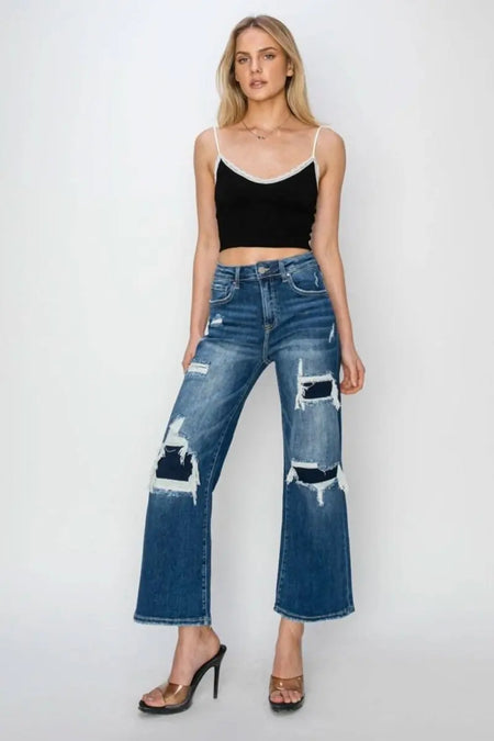 Risen Full Size High Rise Patch Detailed Wide Leg Crop Jeans - Sleekdenim.com