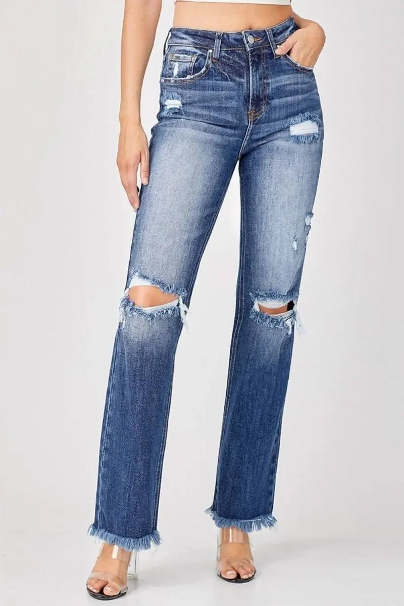 Risen Full Size Raw Hem Distressed Straight Jeans - Sleekdenim.com