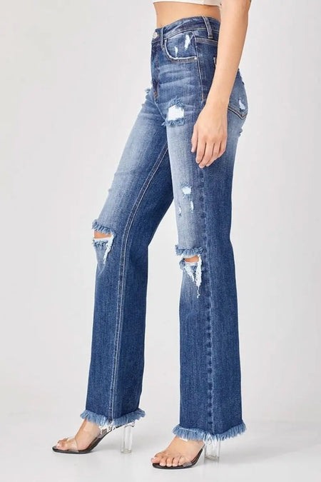 Risen Full Size Raw Hem Distressed Straight Jeans - Sleekdenim.com