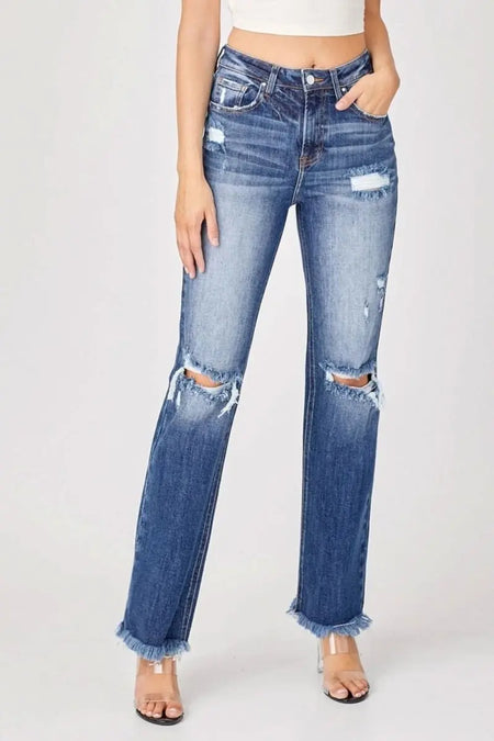 Risen Full Size Raw Hem Distressed Straight Jeans - Sleekdenim.com