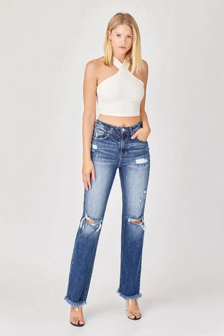 Risen Full Size Raw Hem Distressed Straight Jeans - Sleekdenim.com