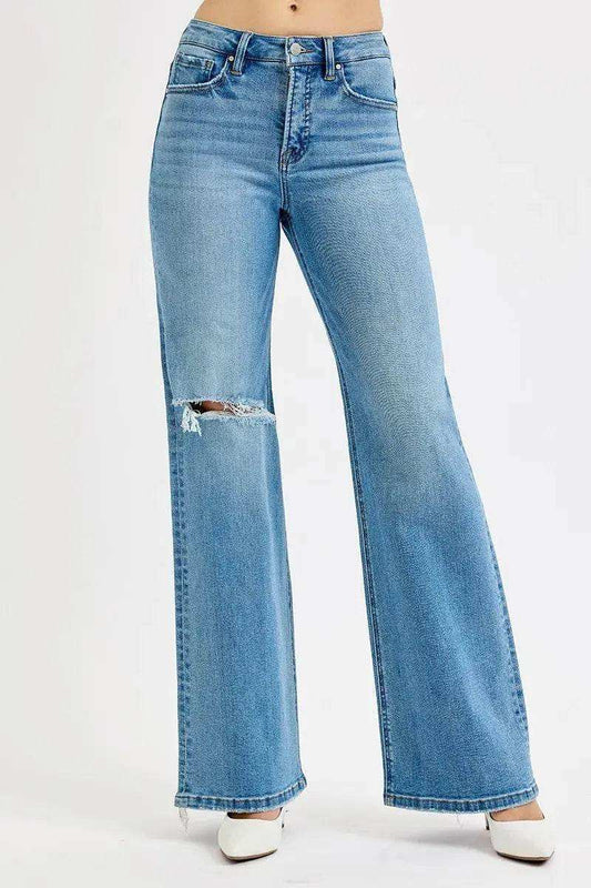 Risen High Rise Distressed Wide Leg Jeans - Sleekdenim.com