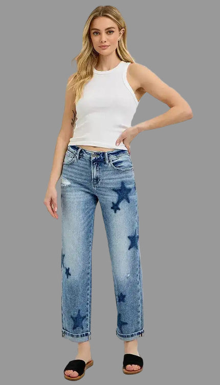 Risen Celeste Mid Rise Star Shadow Boyfriend Jeans - PGA21091 - Sleekdenim.com