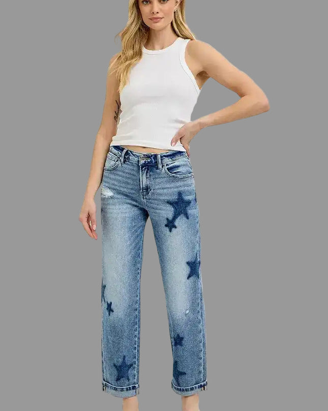 Risen Mid Rise Boyfriend Star Shadow Detail Cuffed Jeans - Sleekdenim.com