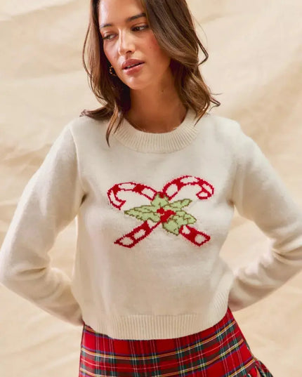 SO ME Christmas Candy Cone Cropped Sweater - Sleekdenim.com