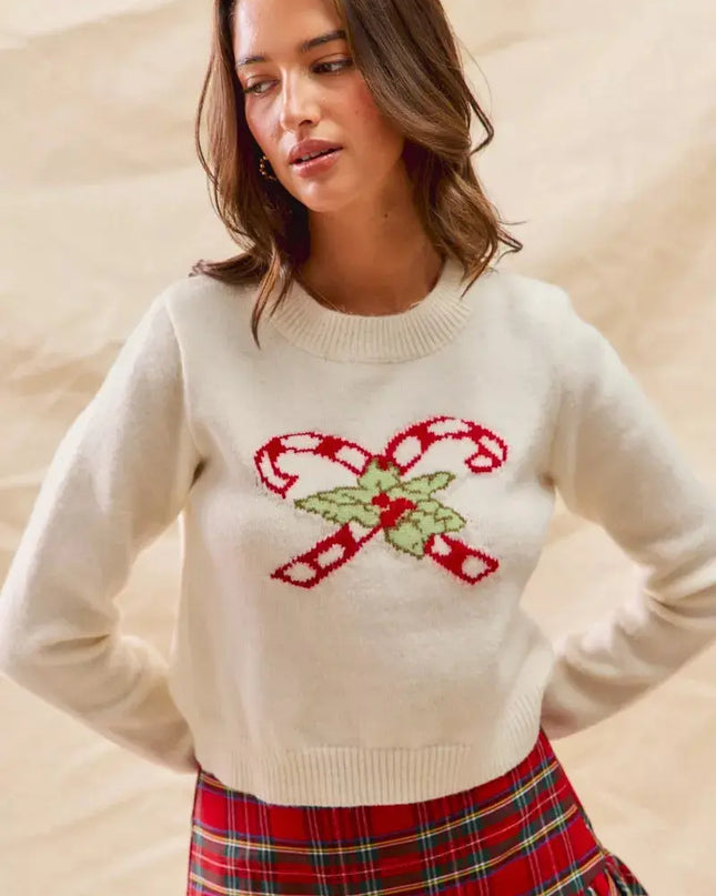 SO ME Christmas Candy Cone Cropped Sweater - Sleekdenim.com