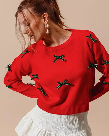 SO ME Ribbon Bow Applique Sweater - Sleekdenim.com