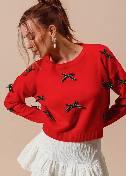 SO ME Ribbon Bow Applique Sweater - Sleekdenim.com
