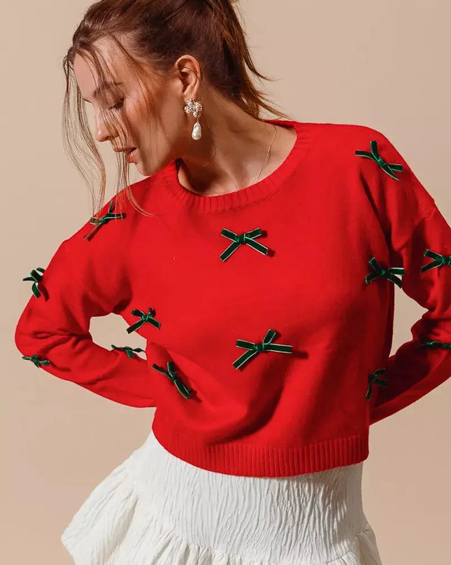 SO ME Ribbon Bow Applique Sweater - Sleekdenim.com
