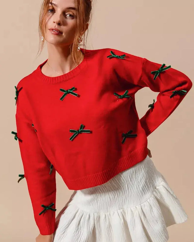 SO ME Ribbon Bow Applique Sweater - Sleekdenim.com