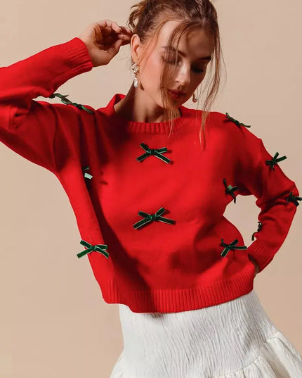 SO ME Ribbon Bow Applique Sweater - Sleekdenim.com