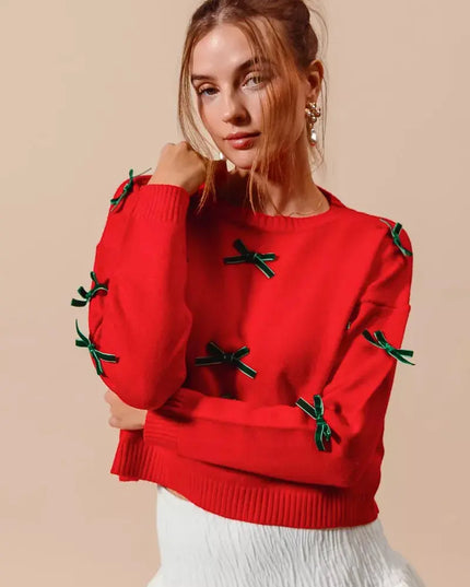 SO ME Ribbon Bow Applique Sweater - Sleekdenim.com