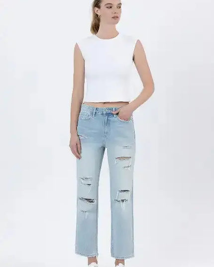 Super High Rise Distressed Crop Straight Jeans by Vervet by Flying Monkey - Sleekdenim.com