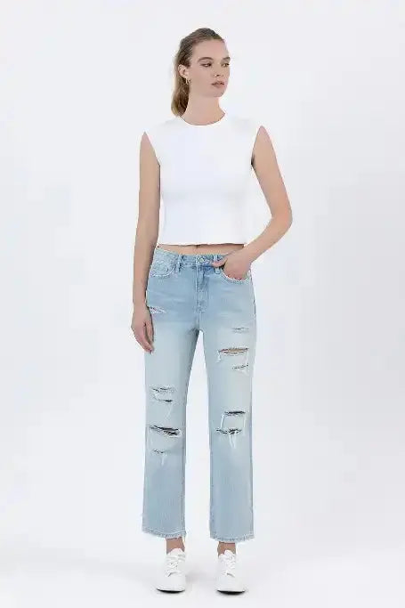 Super High Rise Distressed Crop Straight Jeans by Vervet by Flying Monkey - Sleekdenim.com