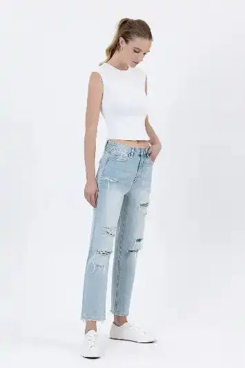 Super High Rise Distressed Crop Straight Jeans by Vervet by Flying Monkey - Sleekdenim.com