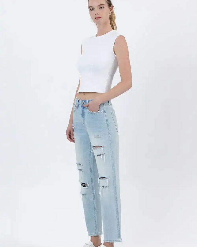 Super High Rise Distressed Crop Straight Jeans by Vervet by Flying Monkey - Sleekdenim.com