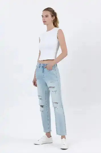 Super High Rise Distressed Crop Straight Jeans by Vervet by Flying Monkey - Sleekdenim.com