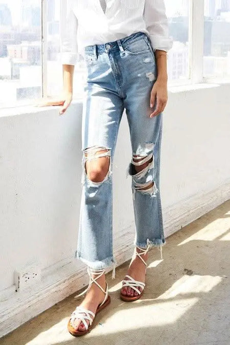 Super High Rise Distressed Relaxed Straight - Sleekdenim.com