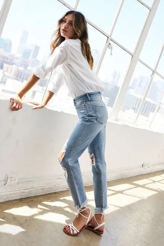 Super High Rise Distressed Relaxed Straight Jeans - Sleekdenim.com