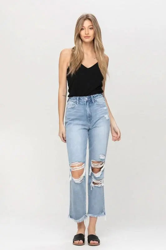 Super High Rise Distressed Relaxed Straight Jeans - Sleekdenim.com