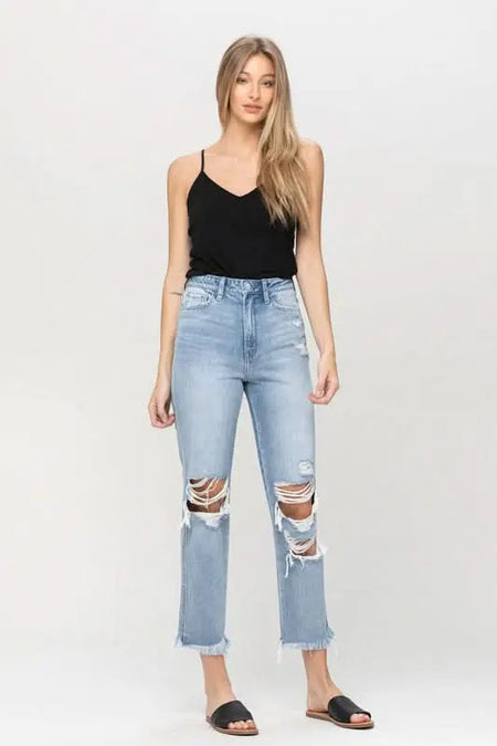 Super High Rise Distressed Relaxed Straight Jeans - Sleekdenim.com