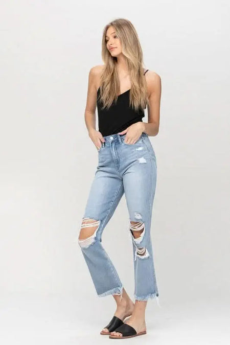 Super High Rise Distressed Relaxed Straight Jeans - Sleekdenim.com