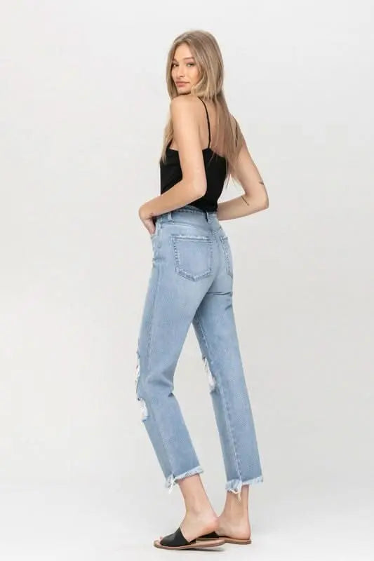 Super High Rise Distressed Relaxed Straight Jeans - Sleekdenim.com