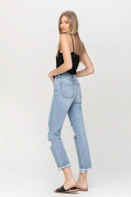 Super High Rise Distressed Relaxed Straight Jeans - Sleekdenim.com