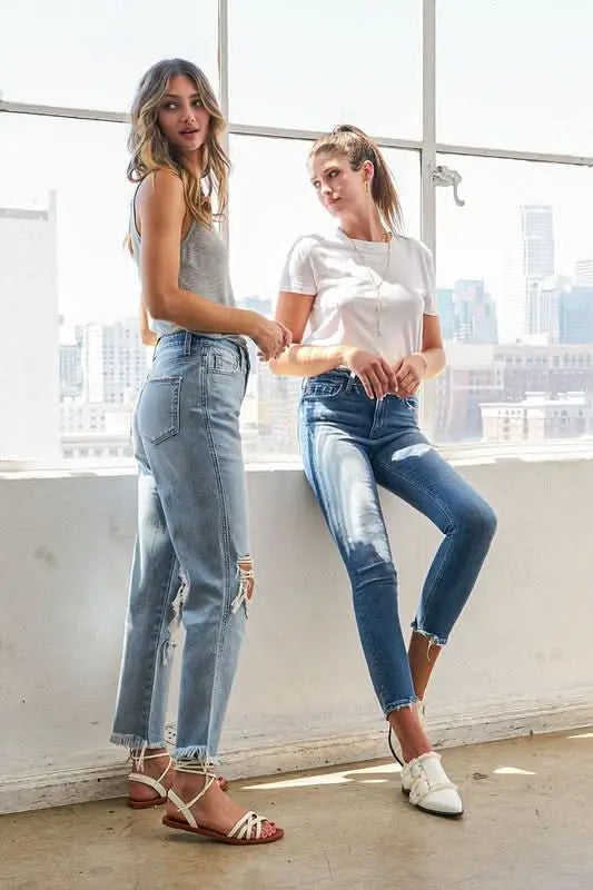 Super High Rise Distressed Relaxed Straight Jeans - Sleekdenim.com