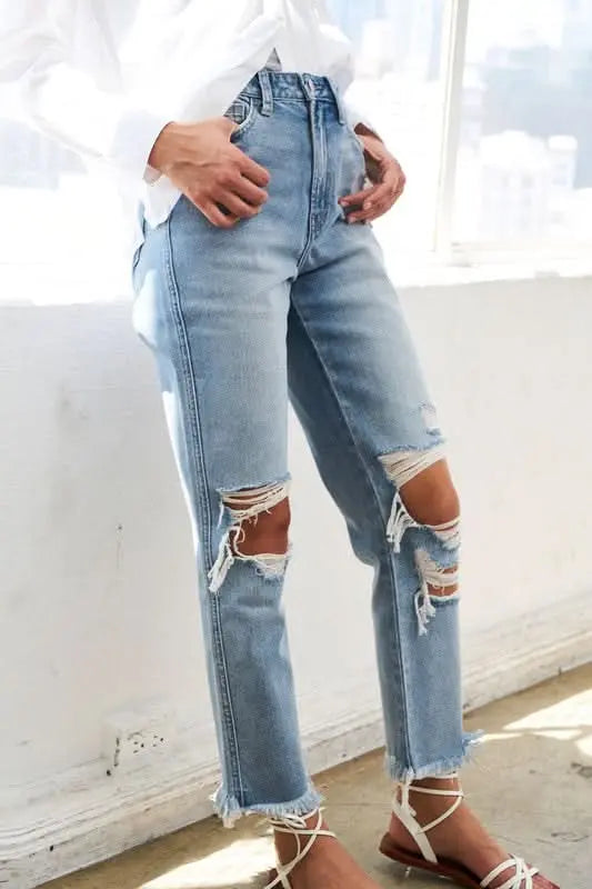 Super High Rise Distressed Relaxed Straight Jeans - Sleekdenim.com