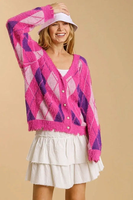 Umgee Full Size Argyle Pattern V - Neck Button Front Cardigan Plus Size - Sleekdenim.com