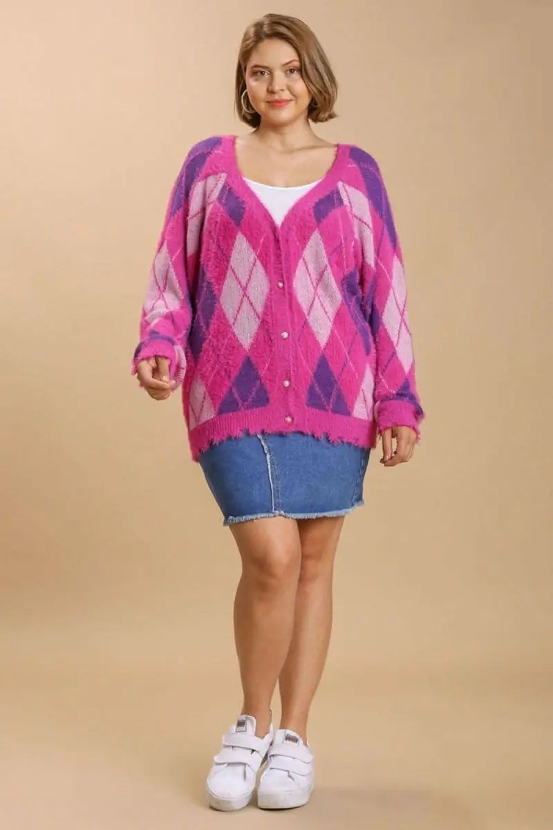 Umgee Full Size Argyle Pattern V - Neck Button Front Cardigan Plus Size - Sleekdenim.com