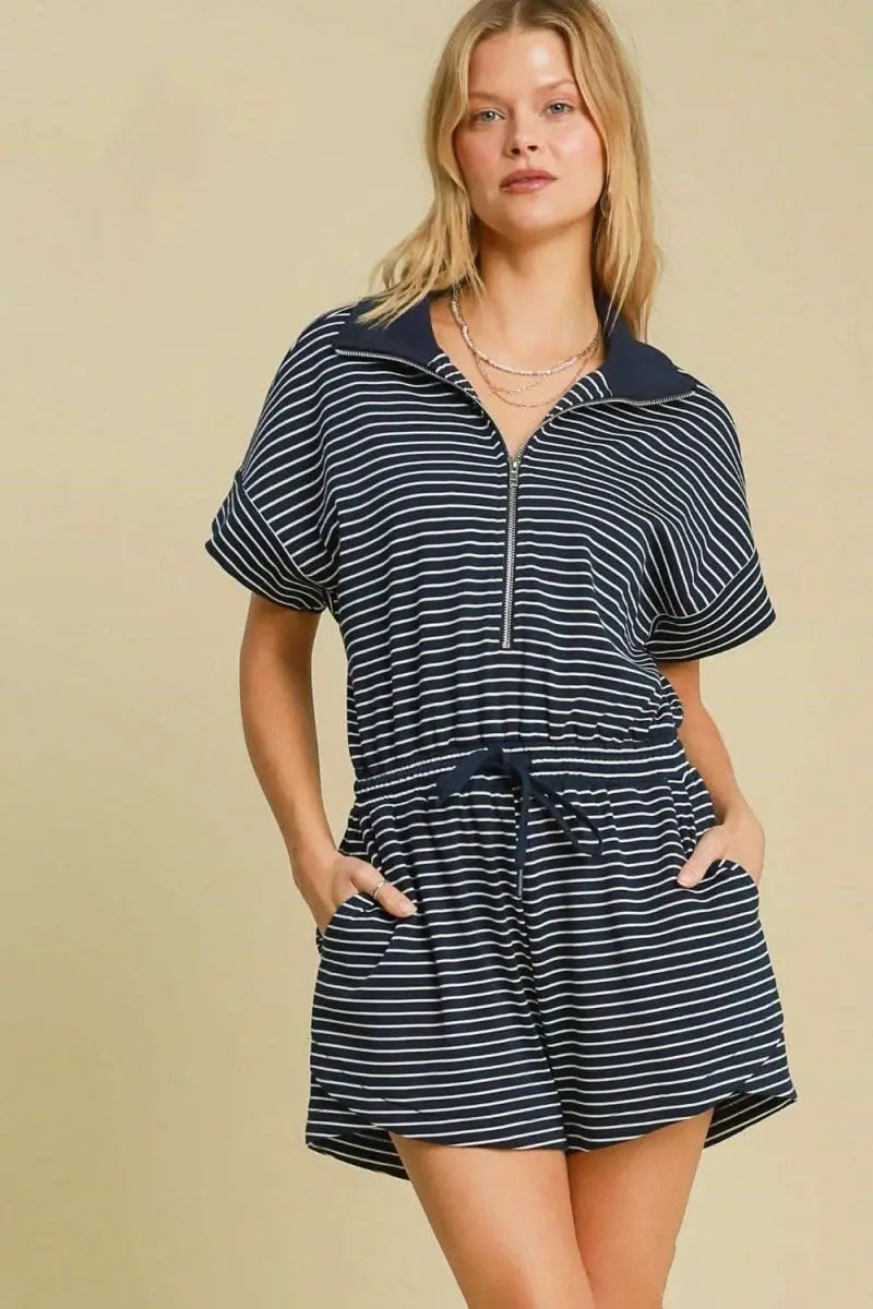 Umgee Full Size Half Zip Striped Romper Plus Size - Sleekdenim.com