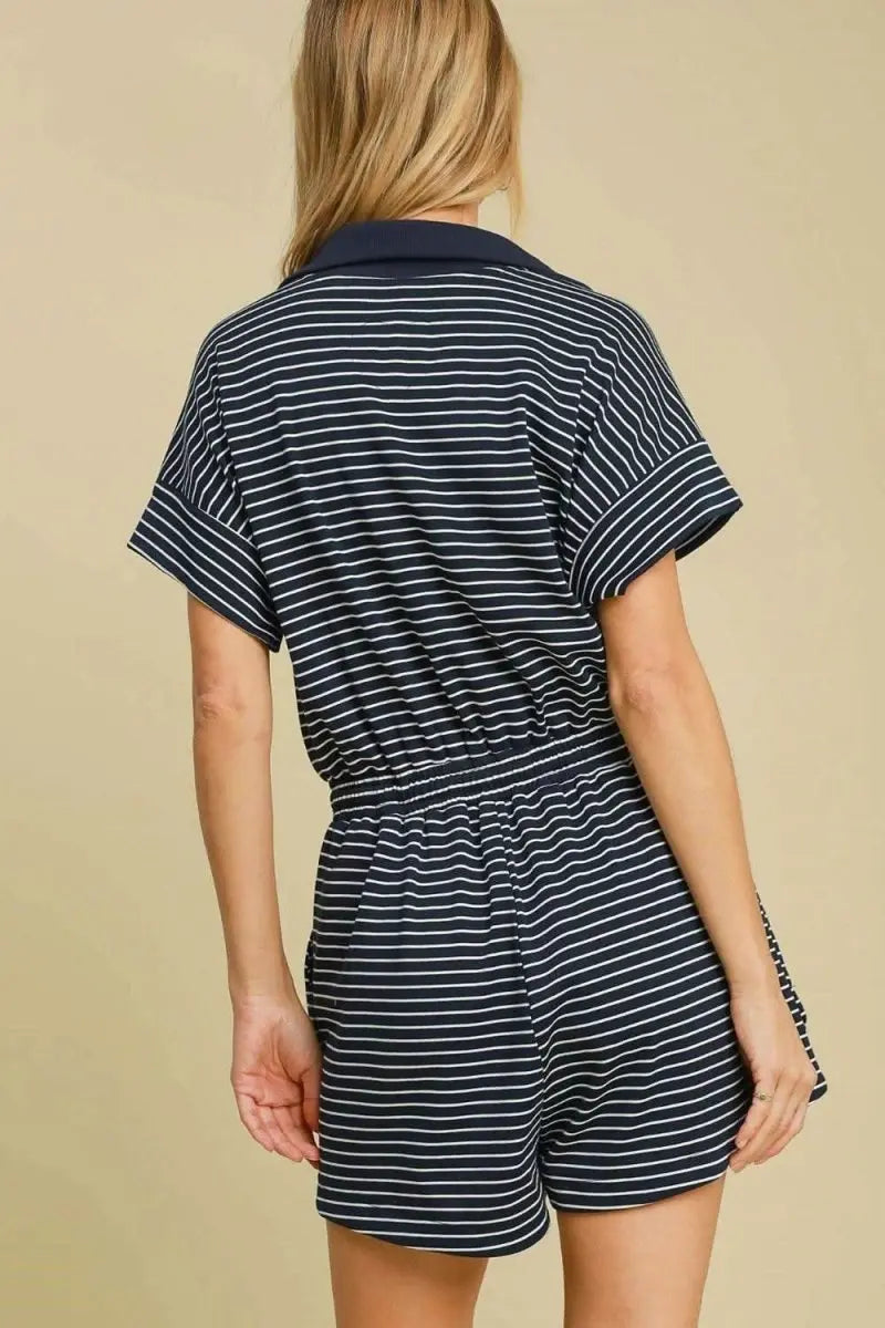 Umgee Full Size Half Zip Striped Romper Plus Size - Sleekdenim.com