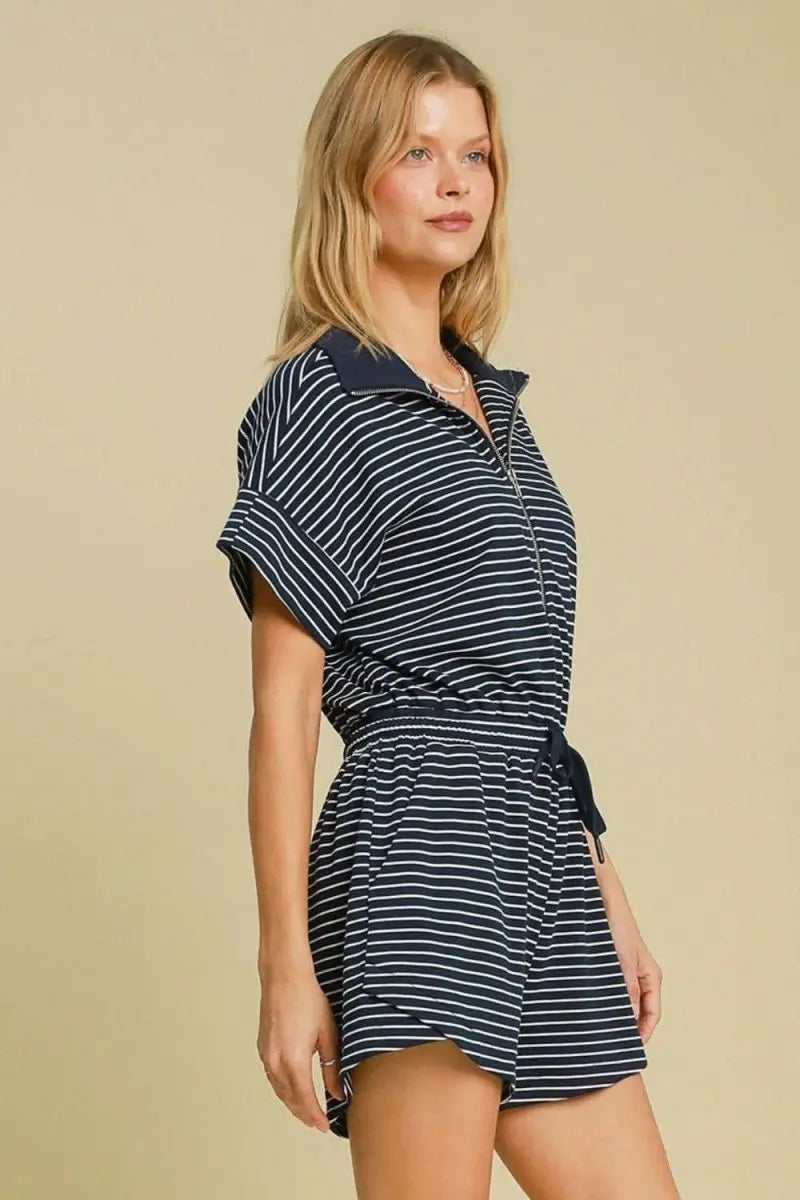 Umgee Full Size Half Zip Striped Romper Plus Size - Sleekdenim.com