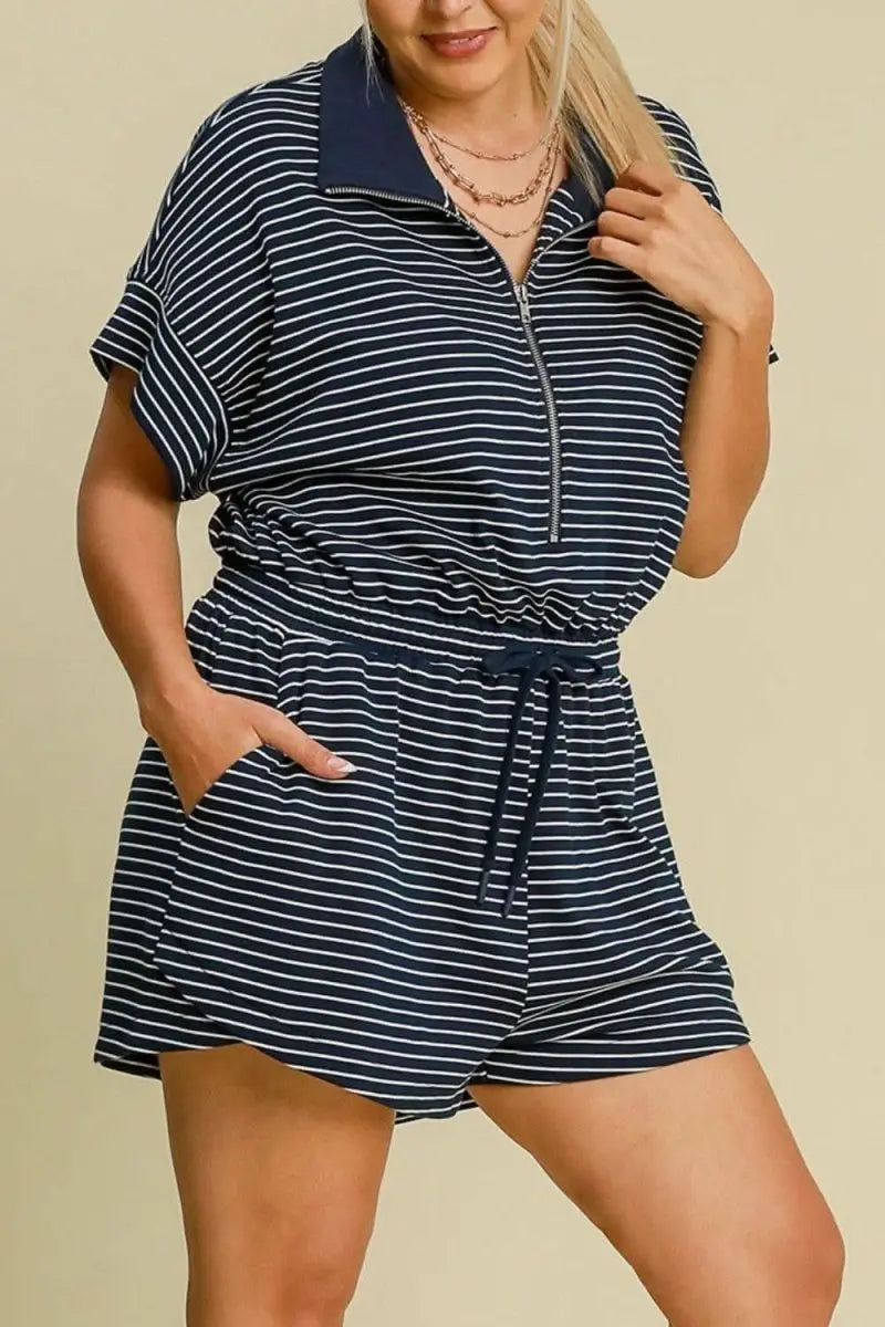 Umgee Full Size Half Zip Striped Romper Plus Size - Sleekdenim.com