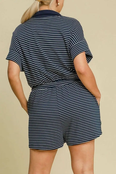 Umgee Full Size Half Zip Striped Romper Plus Size - Sleekdenim.com