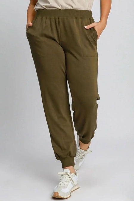 Umgee Full Size High Rise Elastic Waist Knit Joggers with Pockets Plus Size - Sleekdenim.com