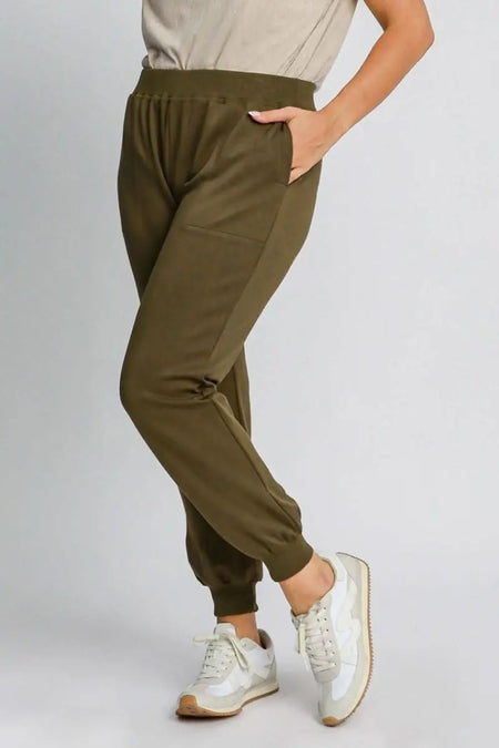 Umgee Full Size High Rise Elastic Waist Knit Joggers with Pockets Plus Size - Sleekdenim.com