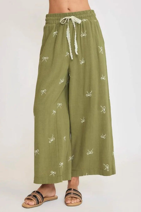 Umgee Full Size Lace Drawstring Embroidered Bow Wide Leg Pants Plus Size - Sleekdenim.com