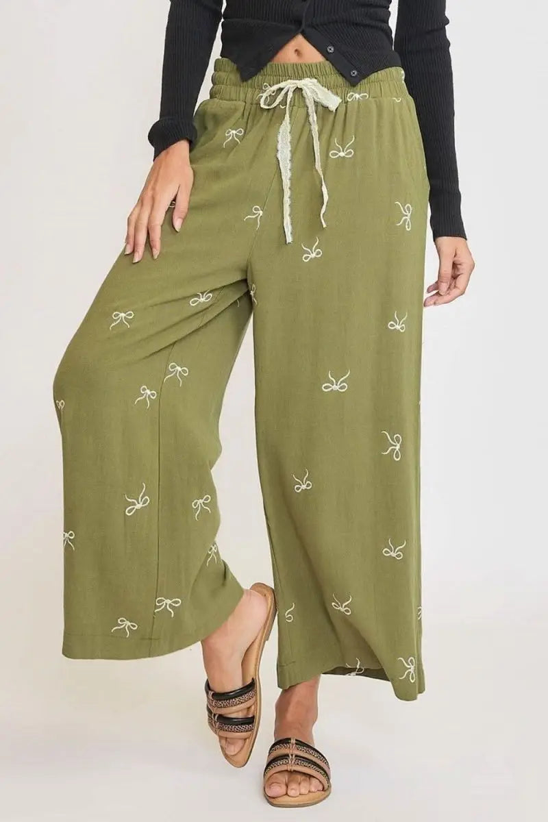 Umgee Full Size Lace Drawstring Embroidered Bow Wide Leg Pants Plus Size - Sleekdenim.com