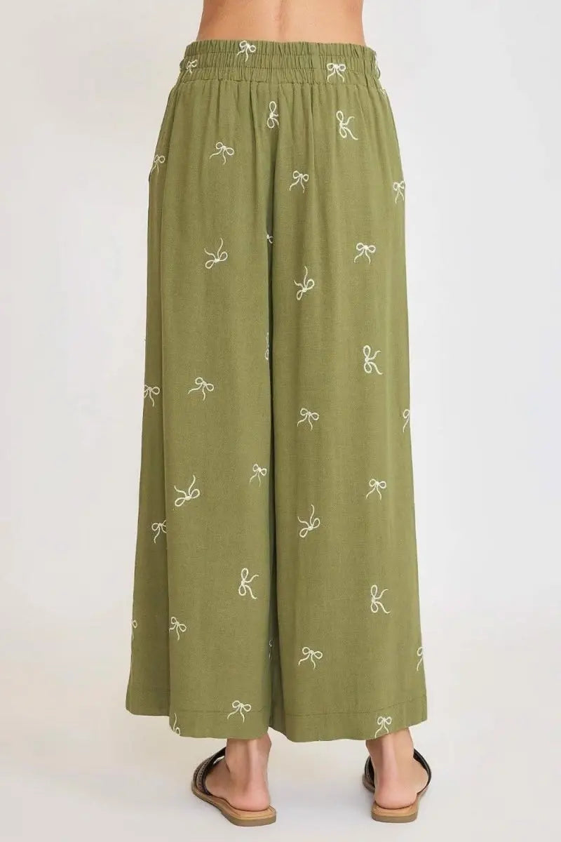 Umgee Full Size Lace Drawstring Embroidered Bow Wide Leg Pants Plus Size - Sleekdenim.com