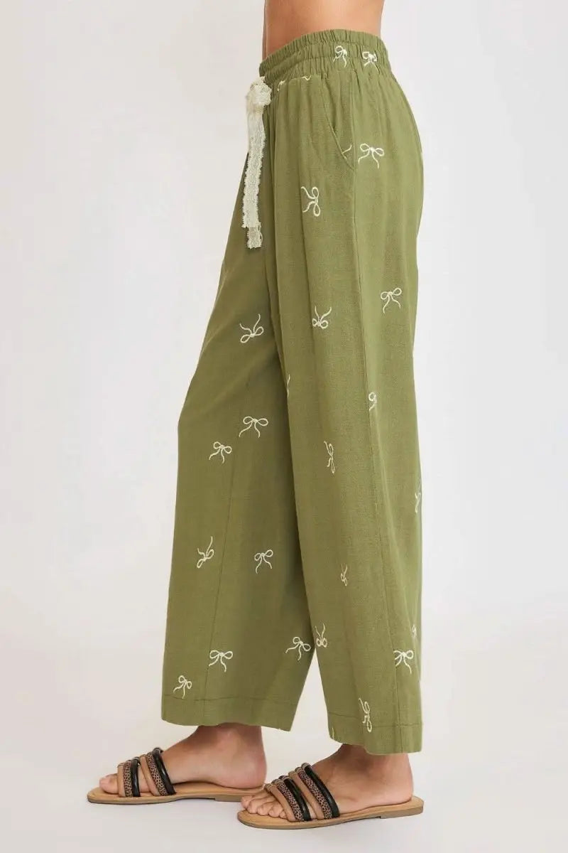 Umgee Full Size Lace Drawstring Embroidered Bow Wide Leg Pants Plus Size - Sleekdenim.com