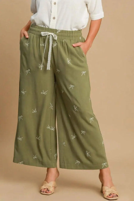 Umgee Full Size Lace Drawstring Embroidered Bow Wide Leg Pants Plus Size - Sleekdenim.com