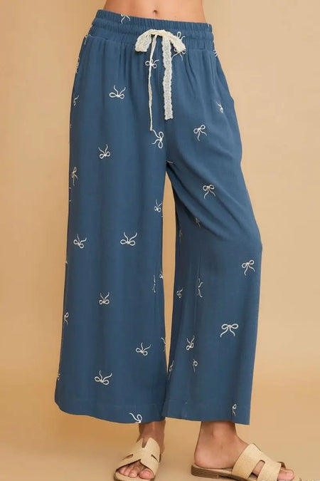 Umgee Full Size Lace Drawstring Embroidered Bow Wide Leg Pants Plus Size - Sleekdenim.com