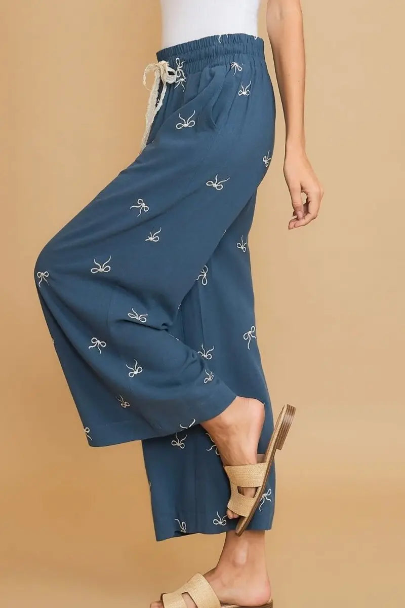 Umgee Full Size Lace Drawstring Embroidered Bow Wide Leg Pants Plus Size - Sleekdenim.com