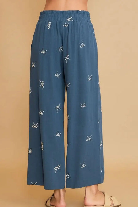 Umgee Full Size Lace Drawstring Embroidered Bow Wide Leg Pants Plus Size - Sleekdenim.com